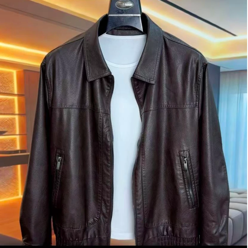 新款高品质男士翻领休闲皮衣夹克