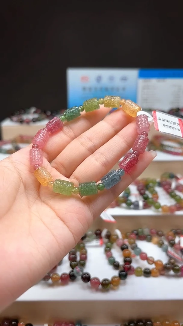 【闪购商品】碧玺手串未镶嵌手工雕刻玻璃体回纹桶珠单圈手串