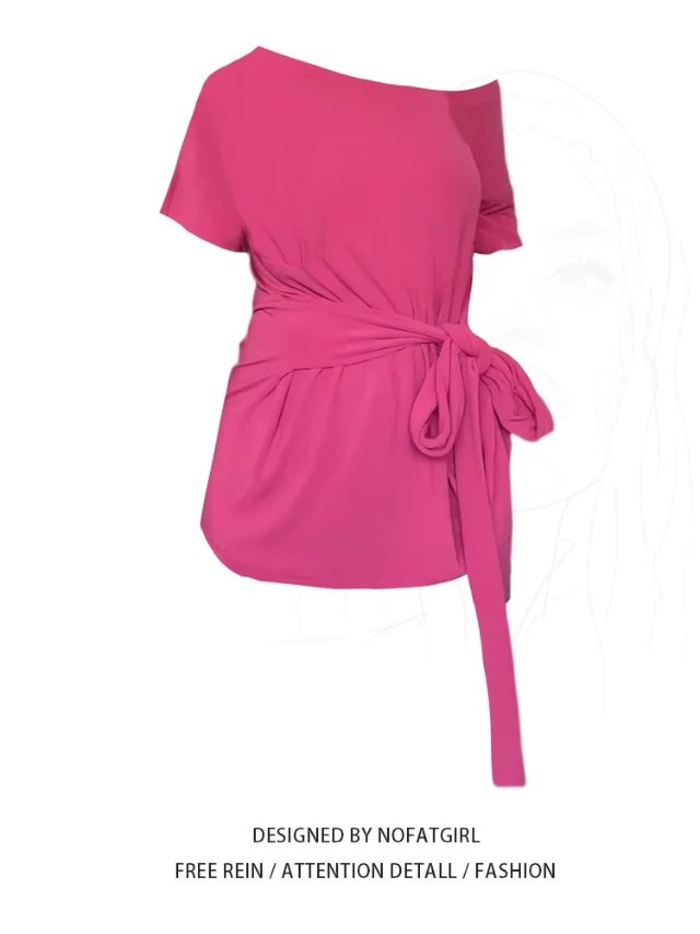 大码胖MM纯欲风性感斜肩短袖t恤女夏季新款设计感小众收腰上衣潮