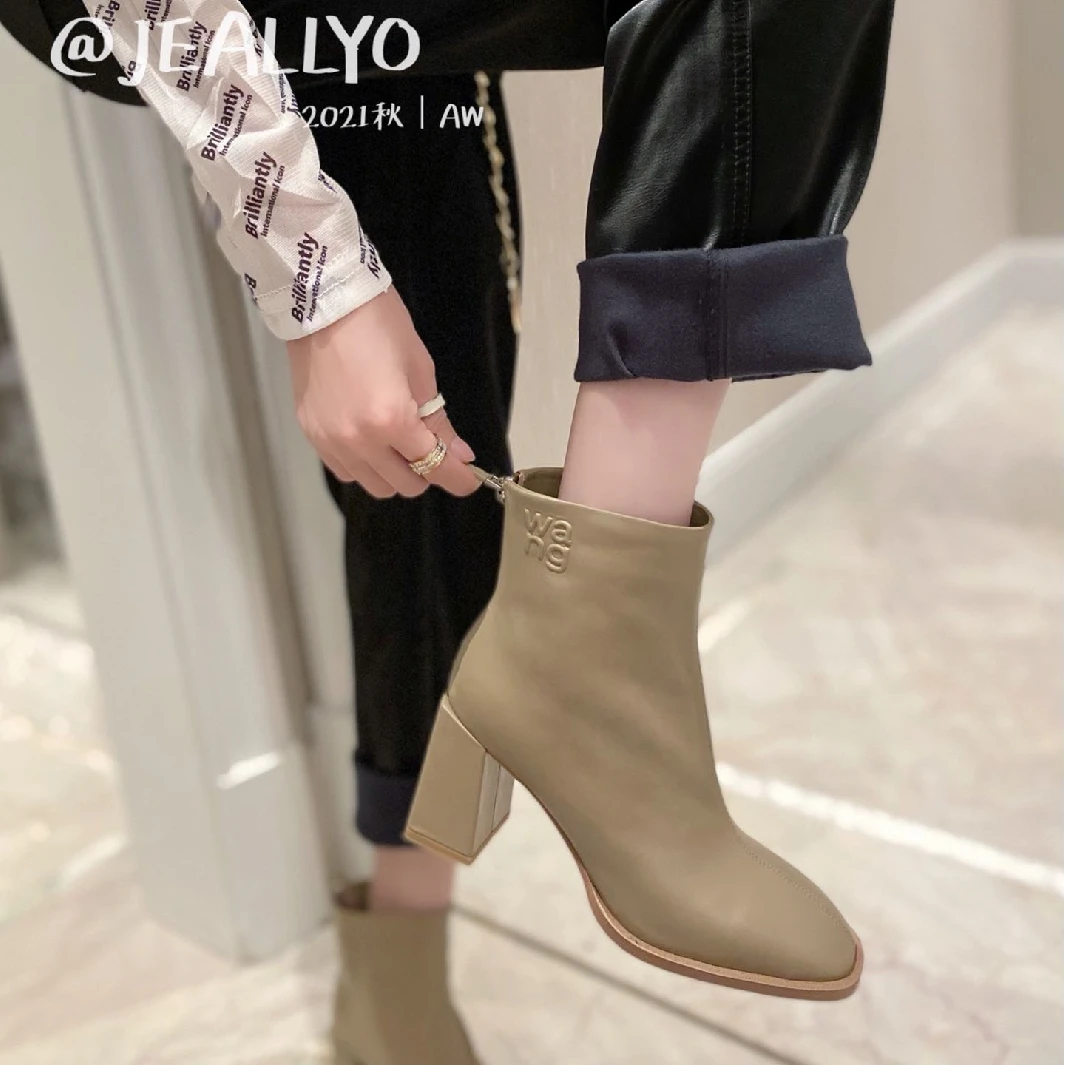 LI AJIGIRL国奢Wang新品舒适方头粗跟贵妇时髦短靴