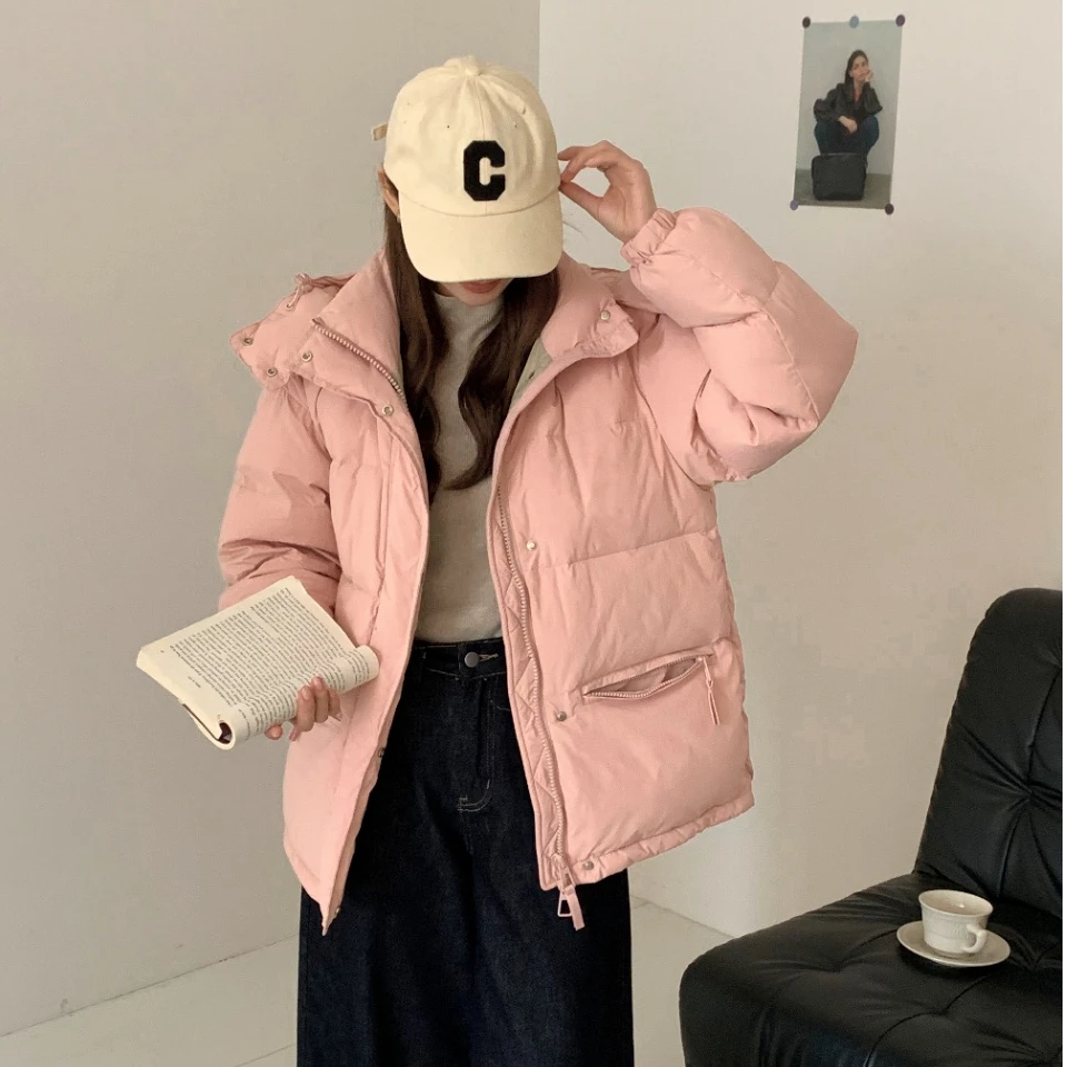 韩系可脱卸帽撞色羽绒服女冬季新款加厚宽松保暖外套