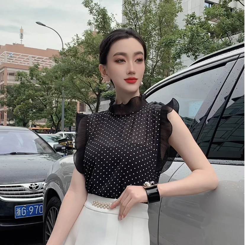 EF/意爱芙夏季气质显瘦波点无袖上衣SN10129洋气黑色