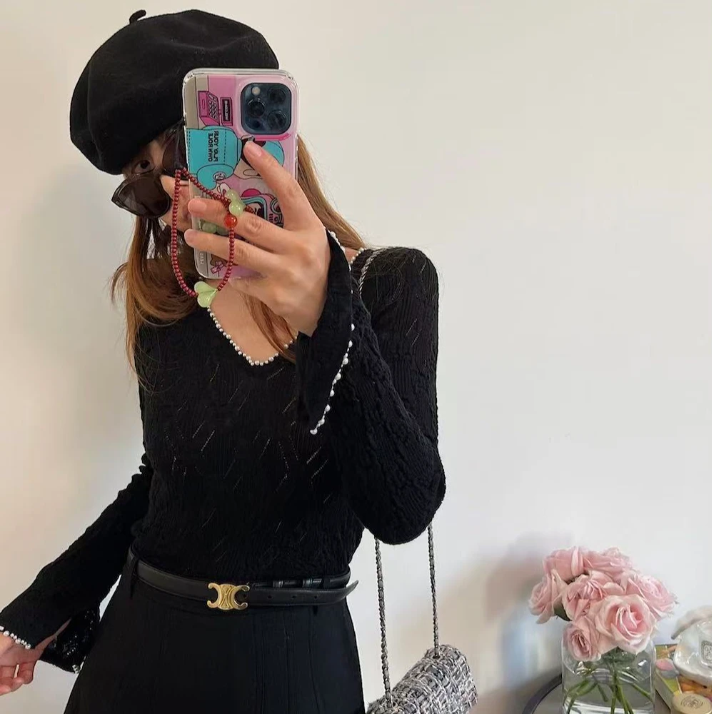 99新 Chanel/香奈儿 22B秋冬预告爆款V领珍珠打底针织 36码