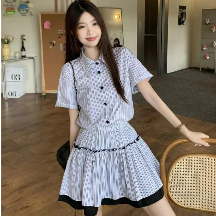 法式灰色polo领学院风条纹套装衬衫连衣裙子女夏季设计感短裙3730