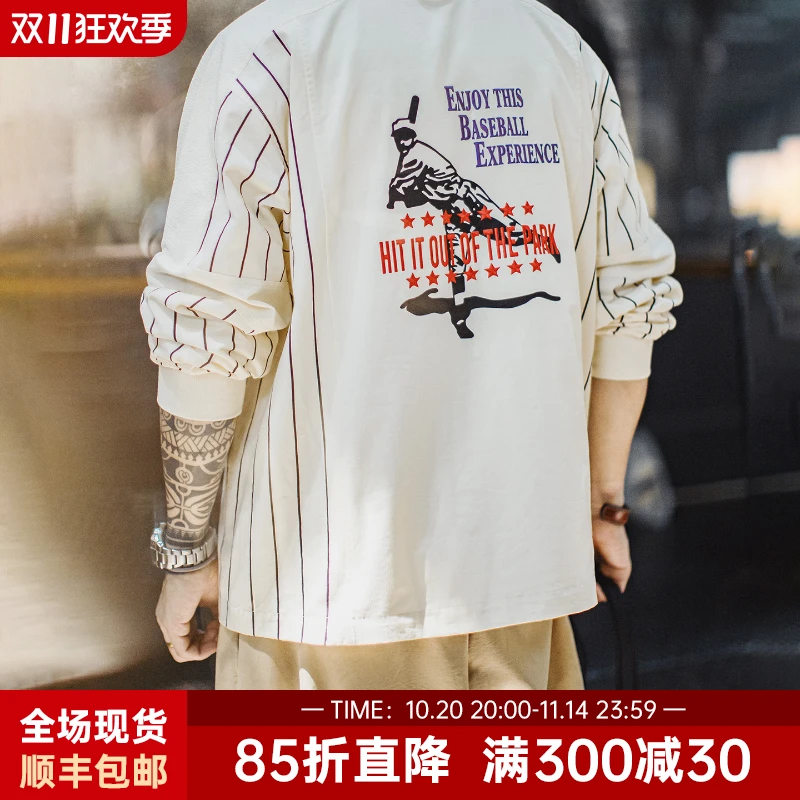 马登工装美式棒球印花polo衫拼接套头刺绣衬衫纯棉卫衣长袖男夏秋