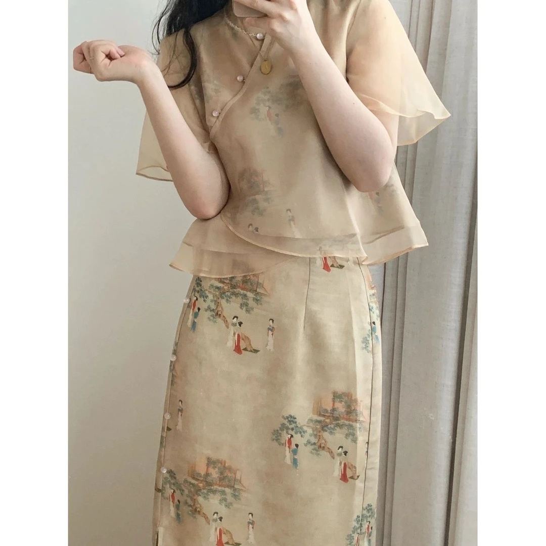 民国风短袖显瘦气质小个子夏季复古新中式上衣开叉半身裙改良旗袍