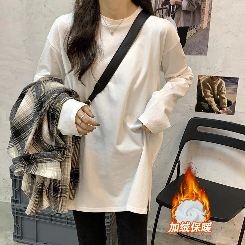 长袖T恤秋冬内搭女圆领开叉中长款韩版百搭宽松白色打底衫上衣潮