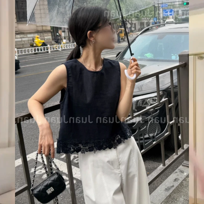 2025韩系苎麻无袖上衣百搭后绑带时尚夏季马甲背心女装黑色