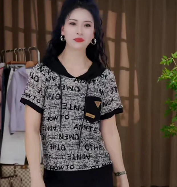 2031#时尚洋气百搭连帽短袖显瘦T恤上衣（L~5XL 90~165斤）