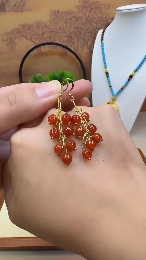 14K金镶嵌南红玛瑙耳饰E197