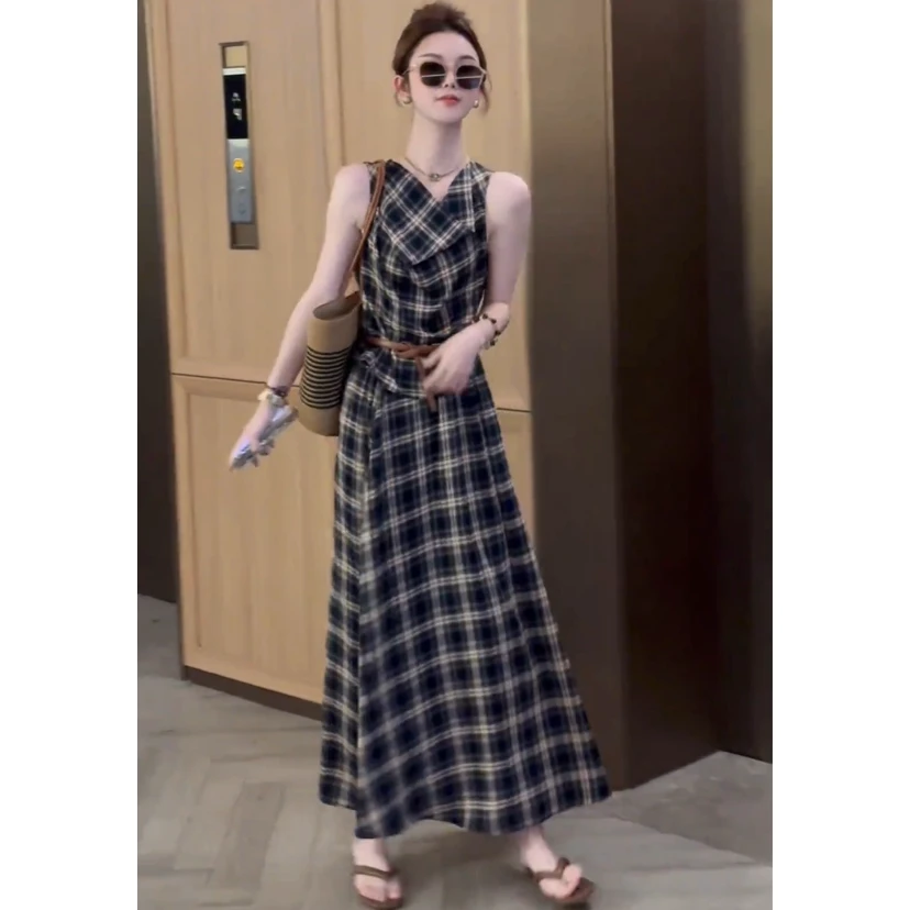 (送腰带)韩系休闲风时尚套装半身裙高腰套装显瘦气质法式格纹吊带