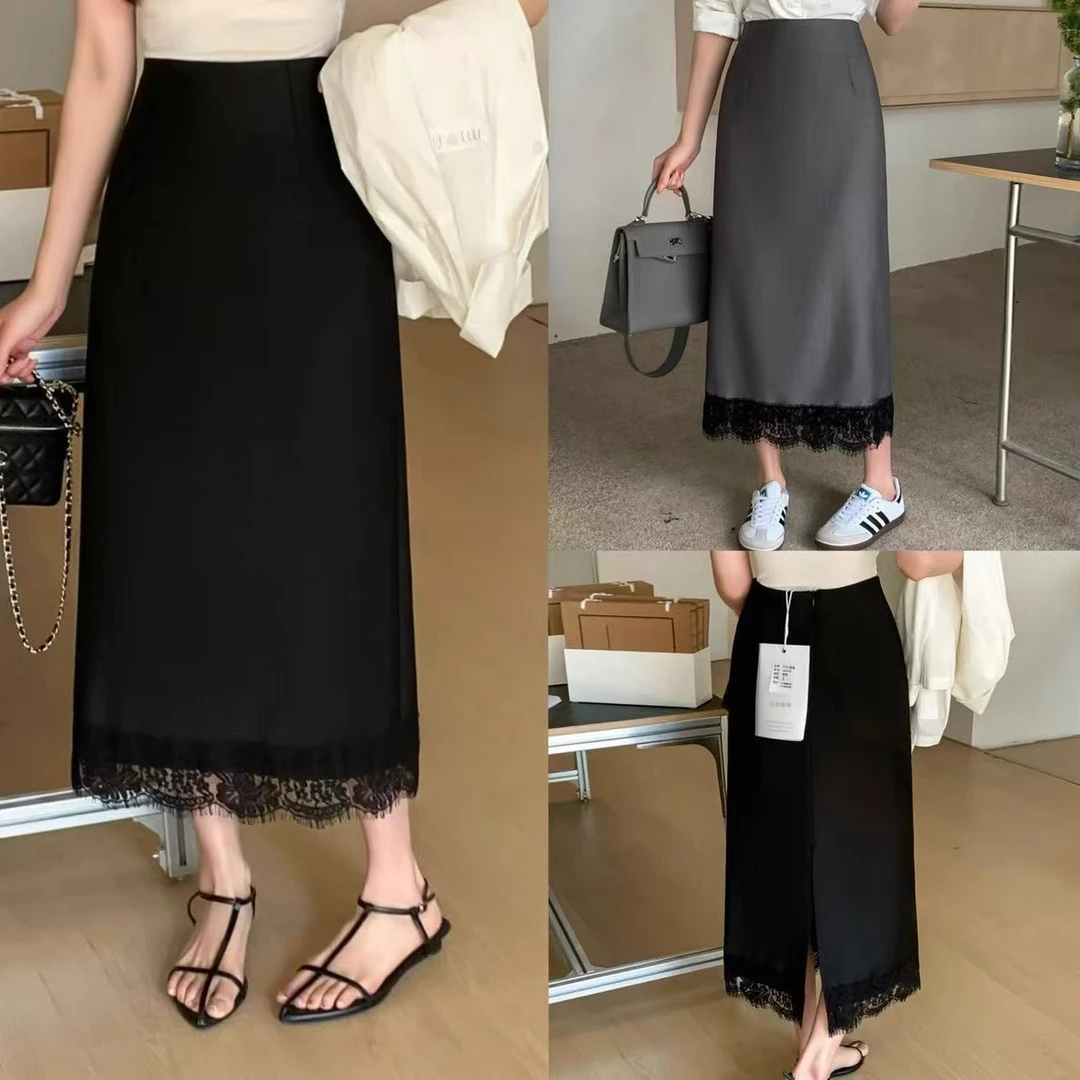 A3518蕾丝拼接半身裙2025春季新款高腰显瘦中长款A字裙一步包臀裙