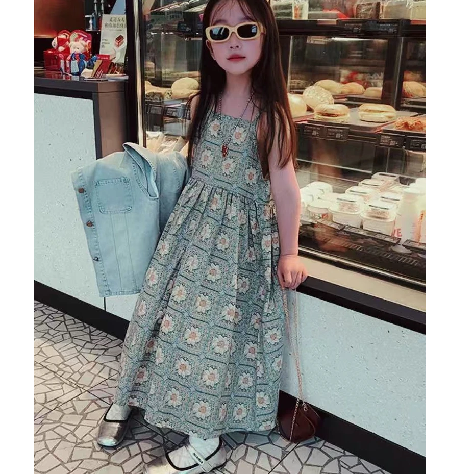 505781 韩版女童洋气时尚吊带裙儿童夏季背心碎花长裙子