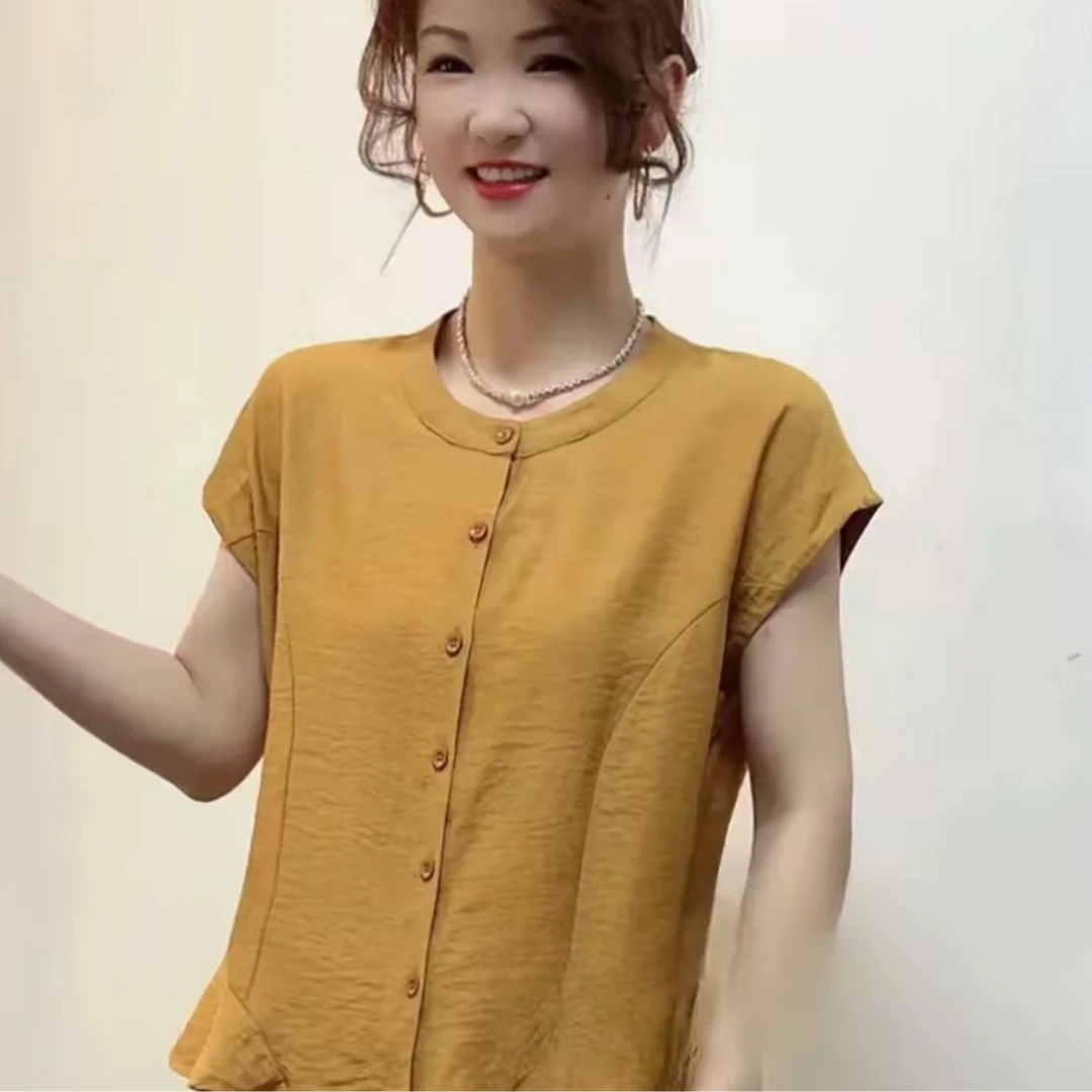 休闲小衫不起球圆领纯色女士套头显瘦短袖衬衫夏季0629