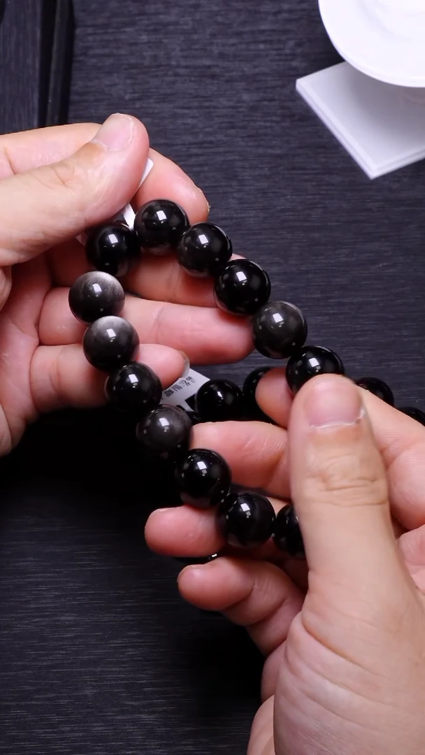 【闪购商品】黑曜岩手串未镶嵌Q031银耀石单圈14mm