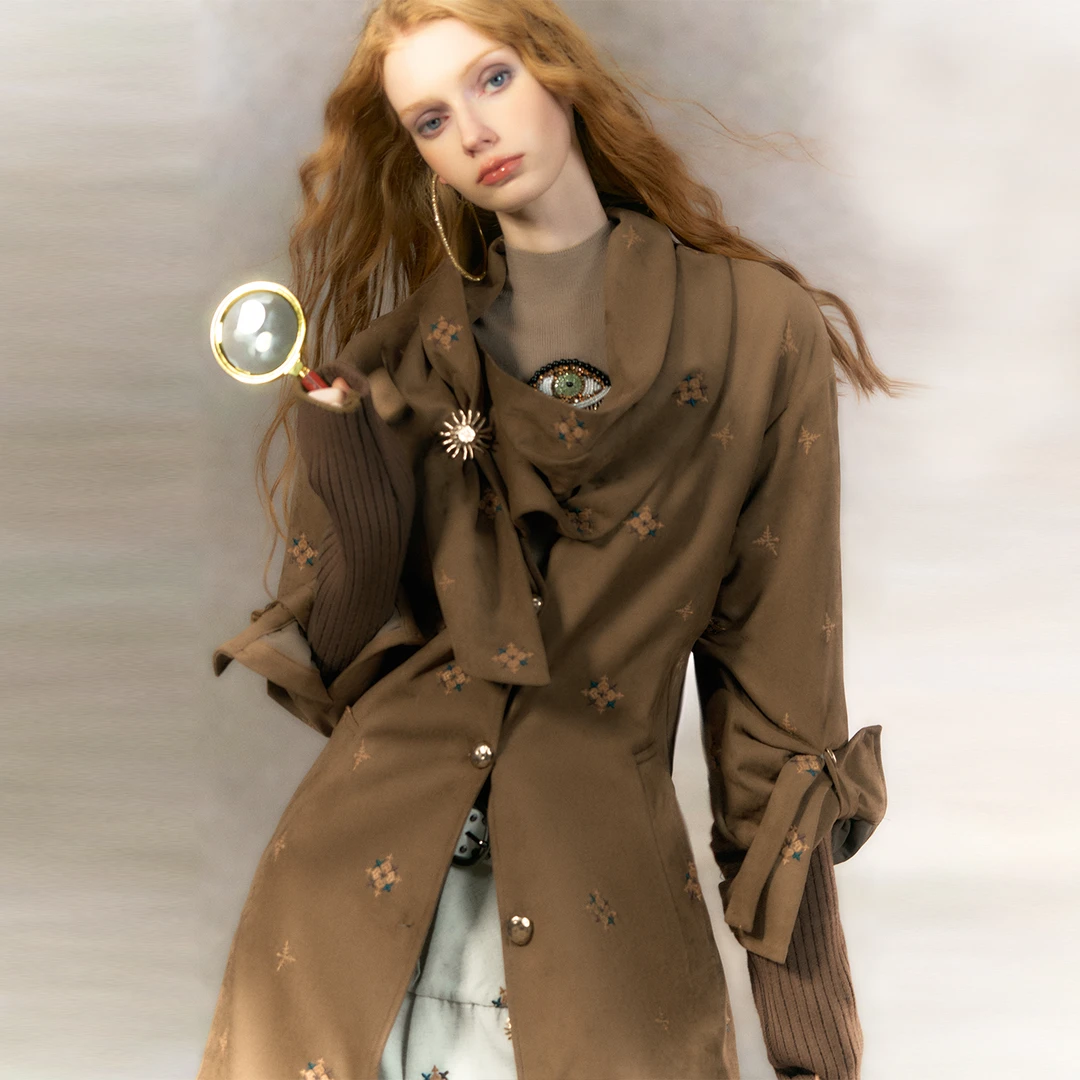 OfAkiva复古麂皮绒大衣斜襟夹棉外套