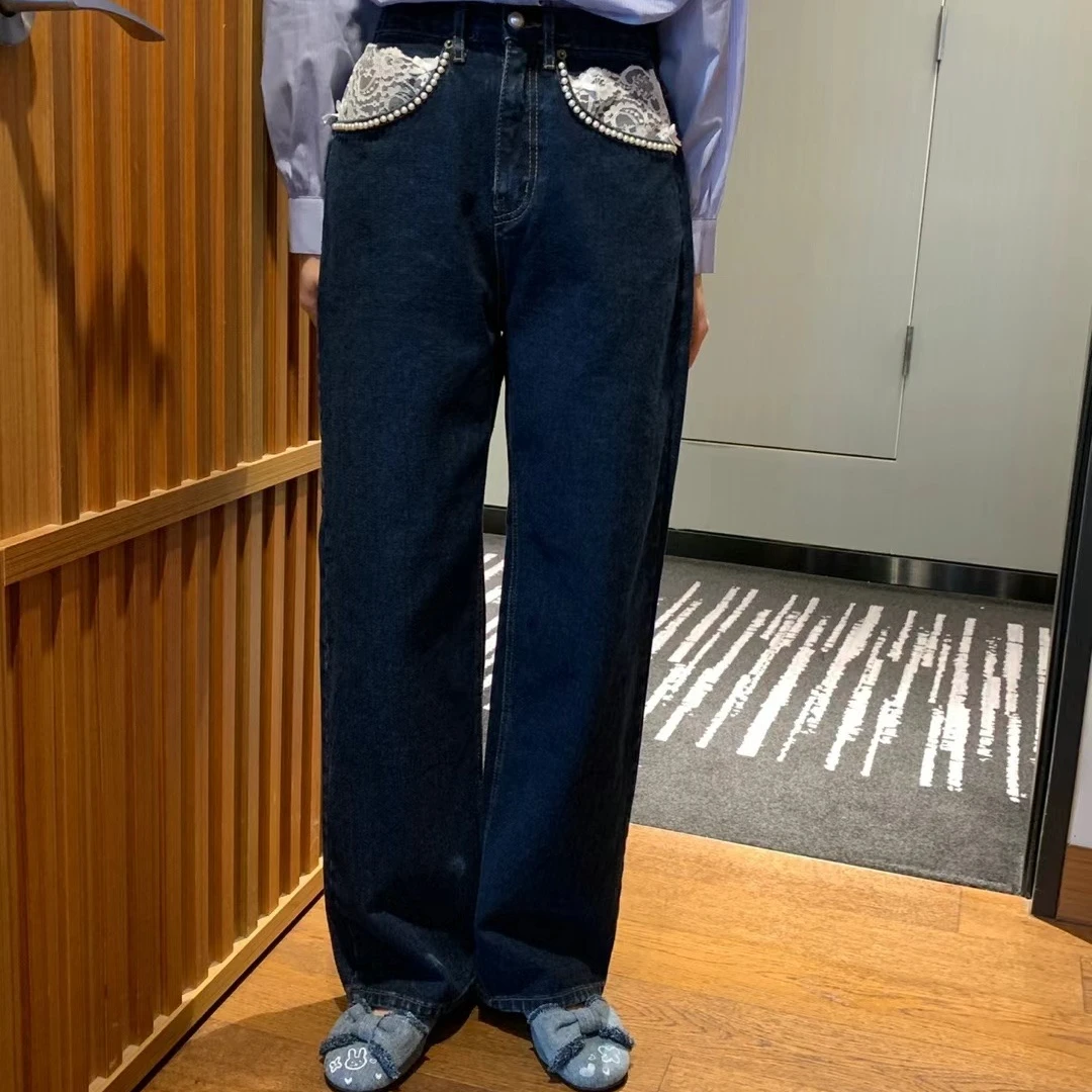 【SKC女装】韩国东大门正品 钉珠绣花蕾丝牛仔裤直筒裤宽松百搭显瘦