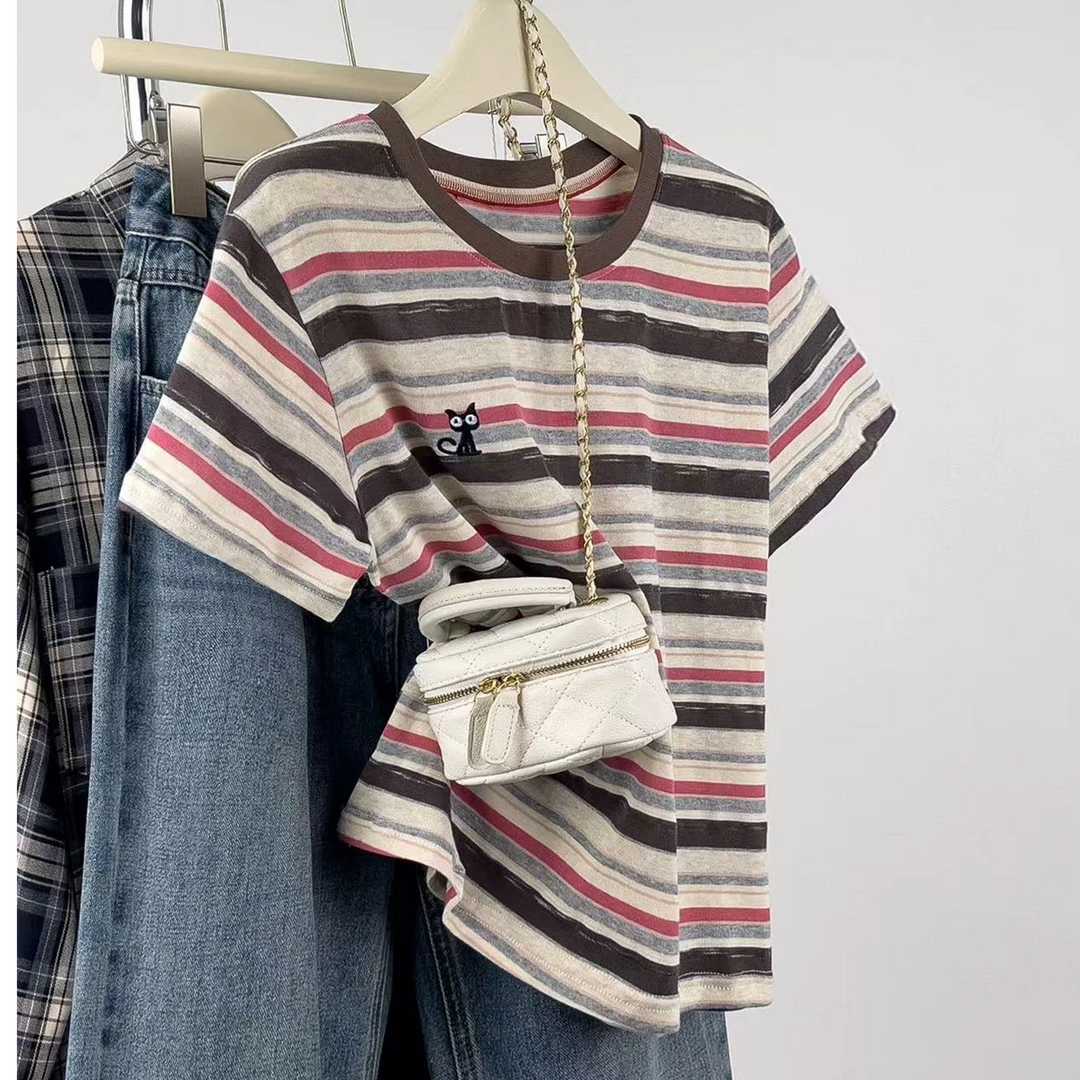 B0119#撞色条纹复古猫咪刺绣正肩体恤宽松上衣