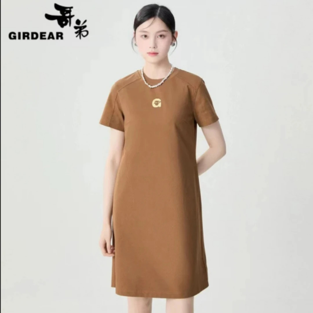 哥弟 简约圆领H版气质长裙女款时尚百搭短袖连衣裙1500529