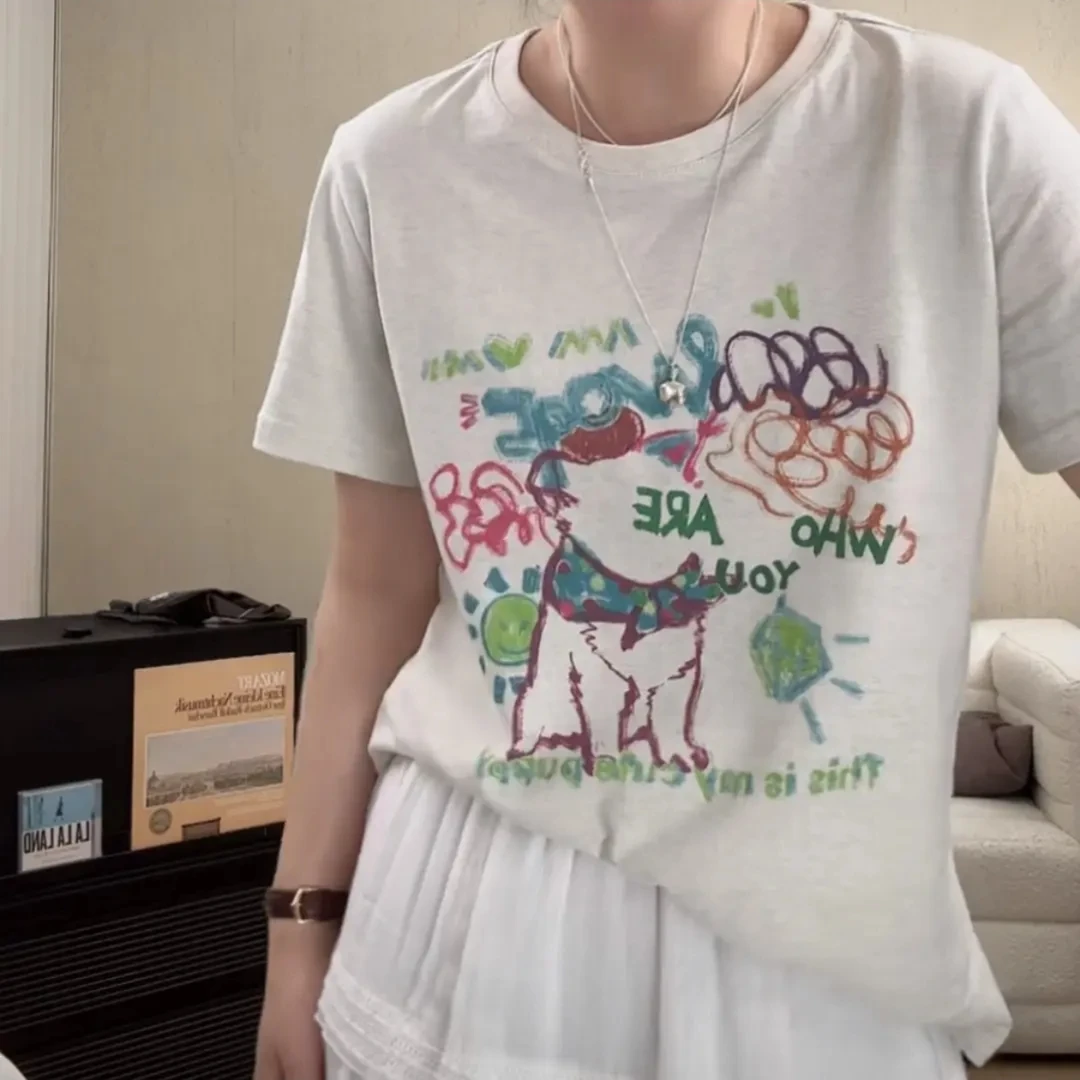 印花短袖T恤女夏季新款上身宽松休闲减龄百搭圆领正肩体恤上衣潮