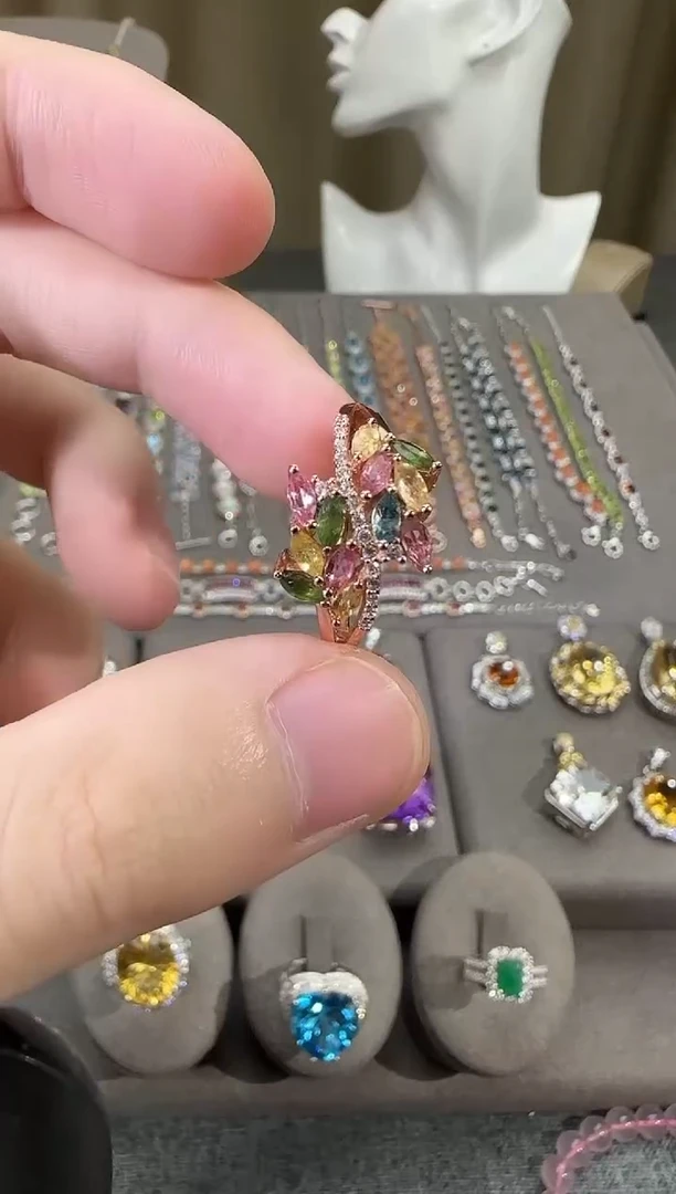 银S925镶嵌戒指碧玺3*6mm麦穗戒指设计款多样性发一