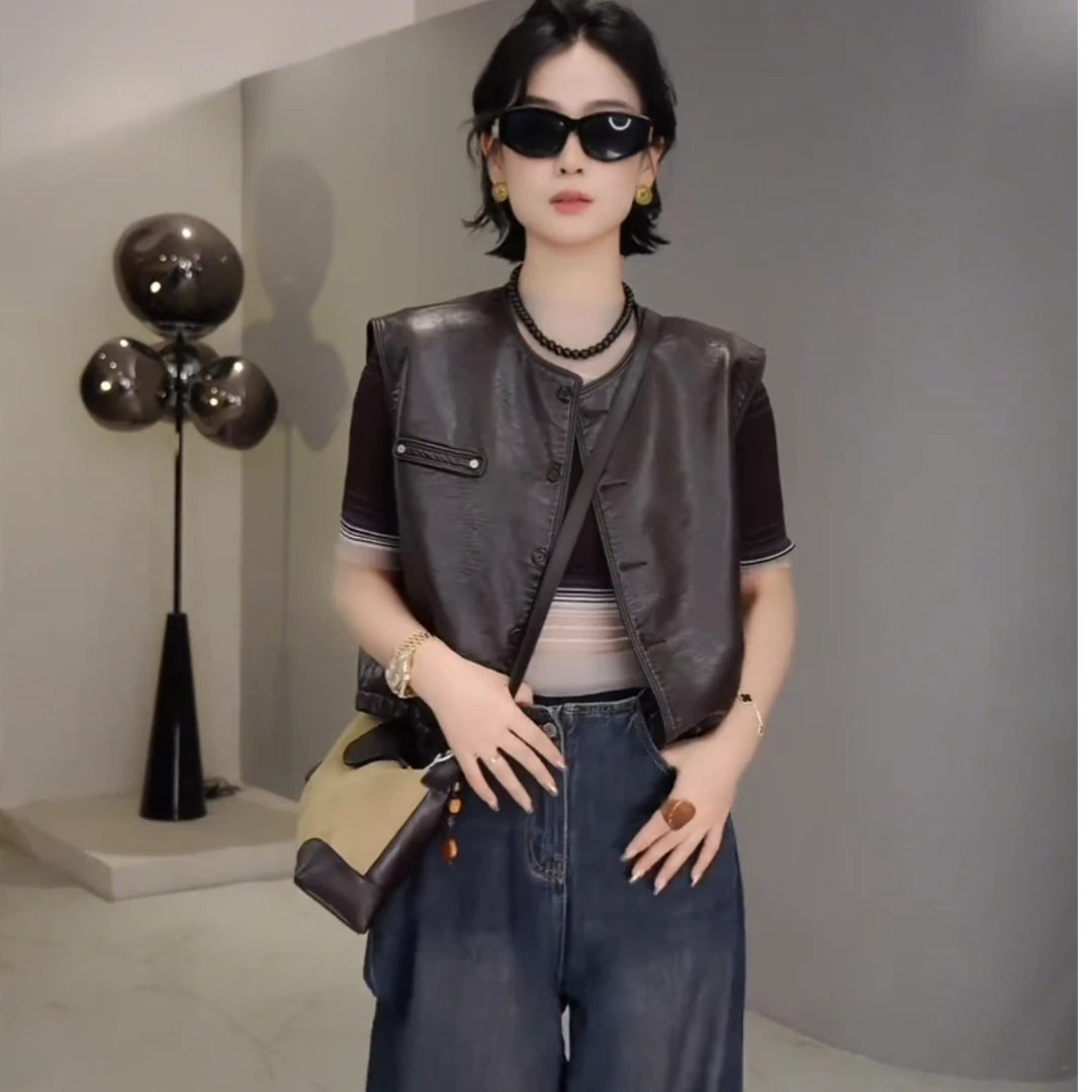 复古时尚PU皮马甲女短款2025早秋新款时尚机车服坎肩小个子马夹潮