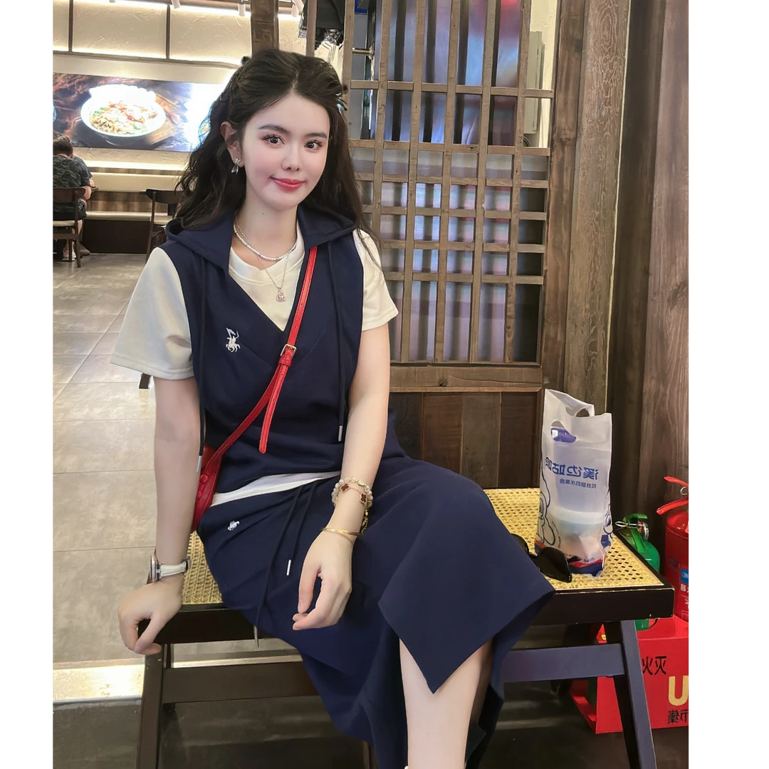 POLOGWON/保罗【夏日新品】原创新款百搭时尚假两件连帽套裙套装