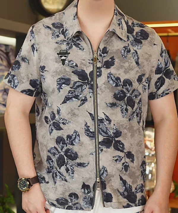 2025年新款短袖男士衬衫休闲翻领拉链夏季男慵懒风薄款唐装时尚