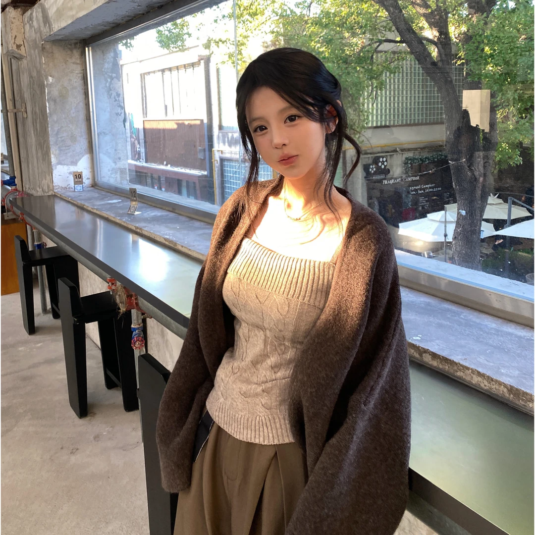 MARIE.COCO韩系巨好看温柔风穿搭麻纹吊带针织开衫宽松慵懒休闲裤