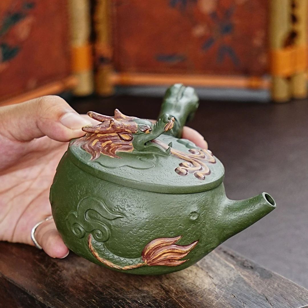 【3120龙吐火把壶】宜兴原矿紫砂全手工高端泥绘龙吐火把壶 紫砂壶