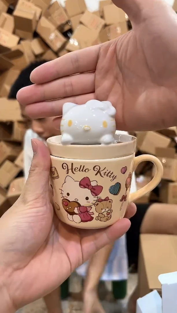 瓷片原盒立体甜品kt猫带盖杯