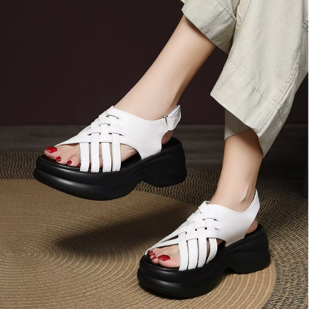 2537吉夏季新款牛皮编织松糕厚底增高镂空透气百搭露趾罗马凉鞋女