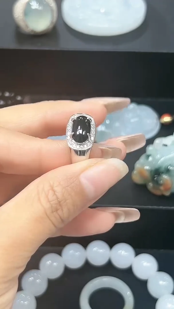 银S925镶嵌戒指翡翠天然缅A戒指