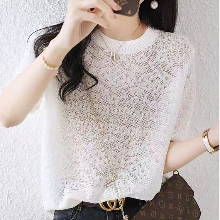 2025夏季新款编织感重工提花圆领针织衫短袖上衣时尚百搭
