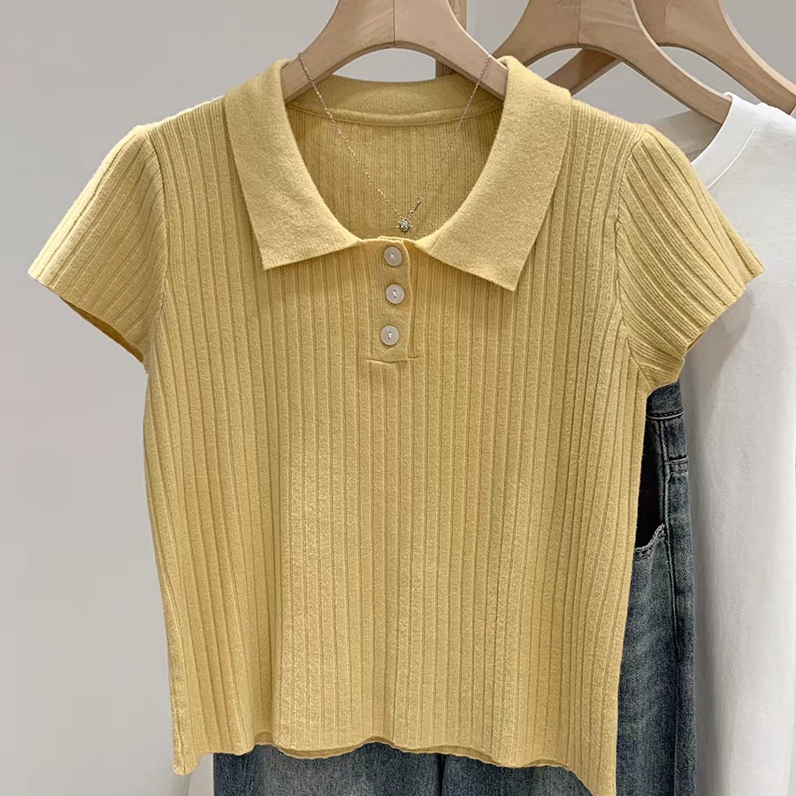 [601-800]韩版常规款短袖纯色翻领毛针织衫设计感polo夏季女装