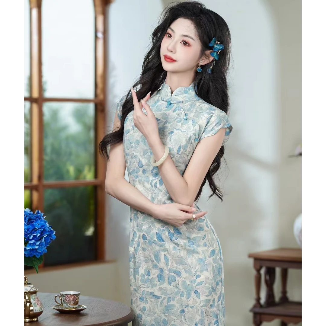 《铃蓝》蓝色花纹旗袍显瘦气质夏季少女复古中式日常中国风