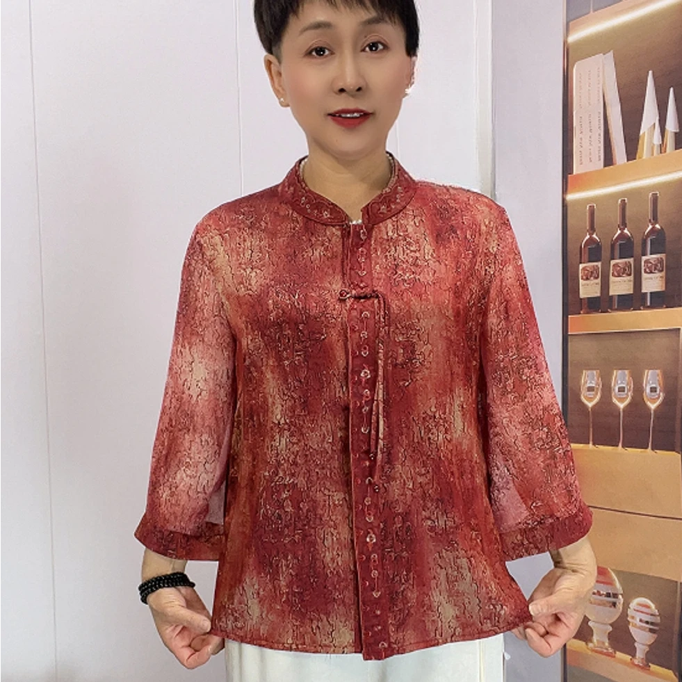2025新款中老年妈妈衬衫春夏季国风时尚上衣减龄小衫立领时髦开衫