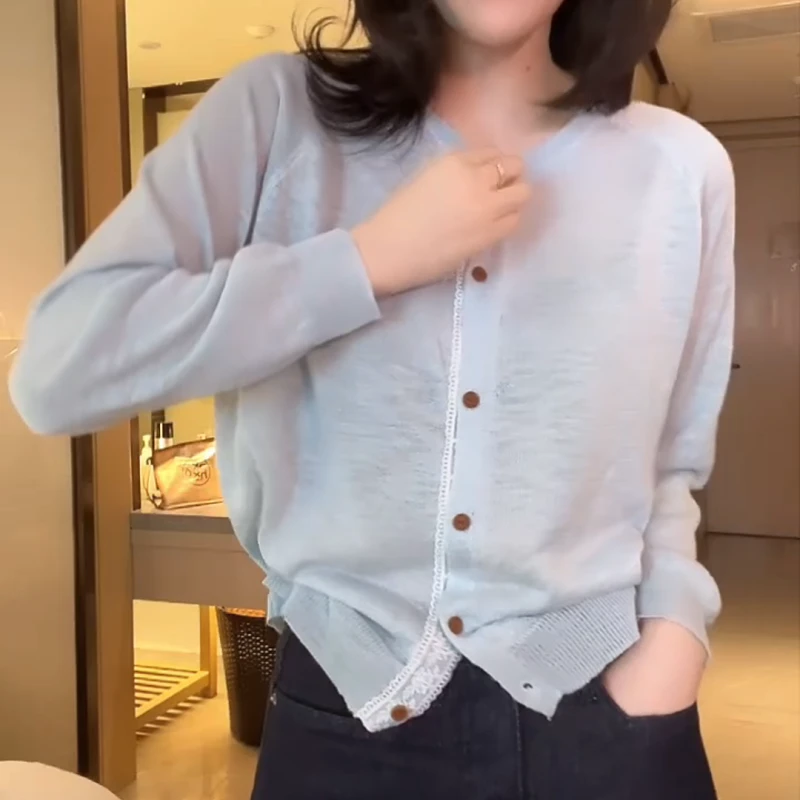 2025春季韩版新款圆领蕾丝边拼接针织开衫LK2502003