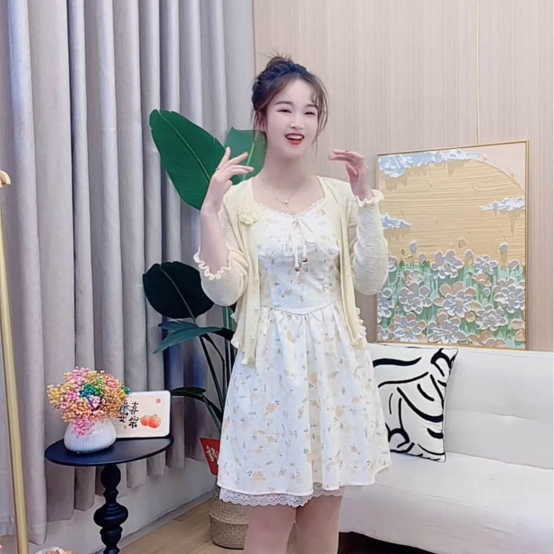 新款春夏法式小个子甜美收腰显瘦微闪碎花两件套