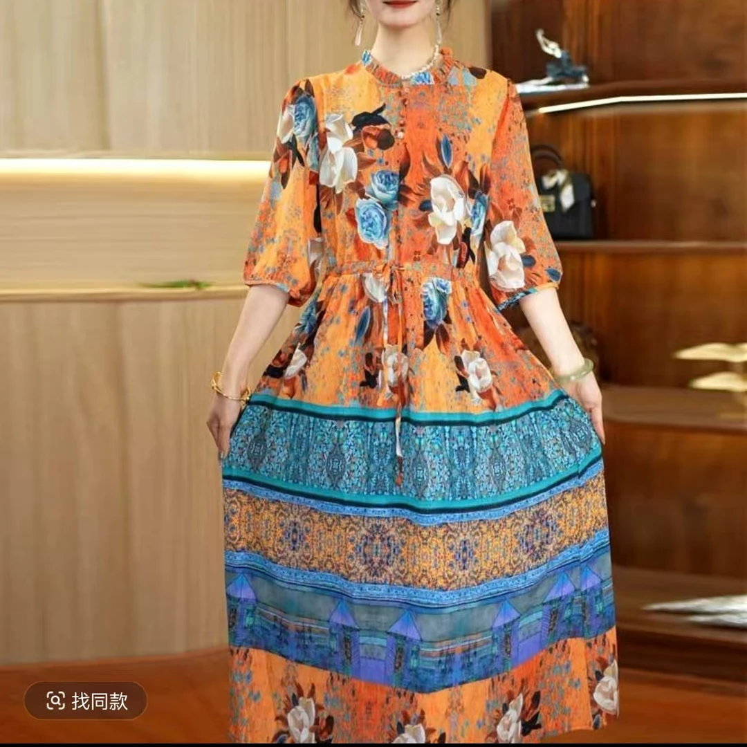 103橘色花裙妈妈装高妈妈装洋气显瘦气质女装连衣裙