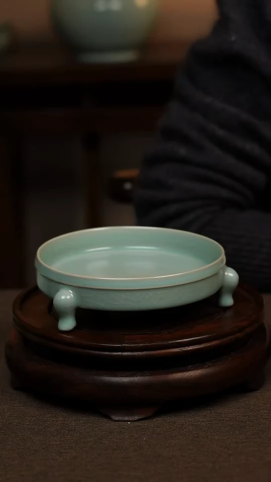 瓷片仿古天青全手工三足洗壶承微瑕 不带礼盒