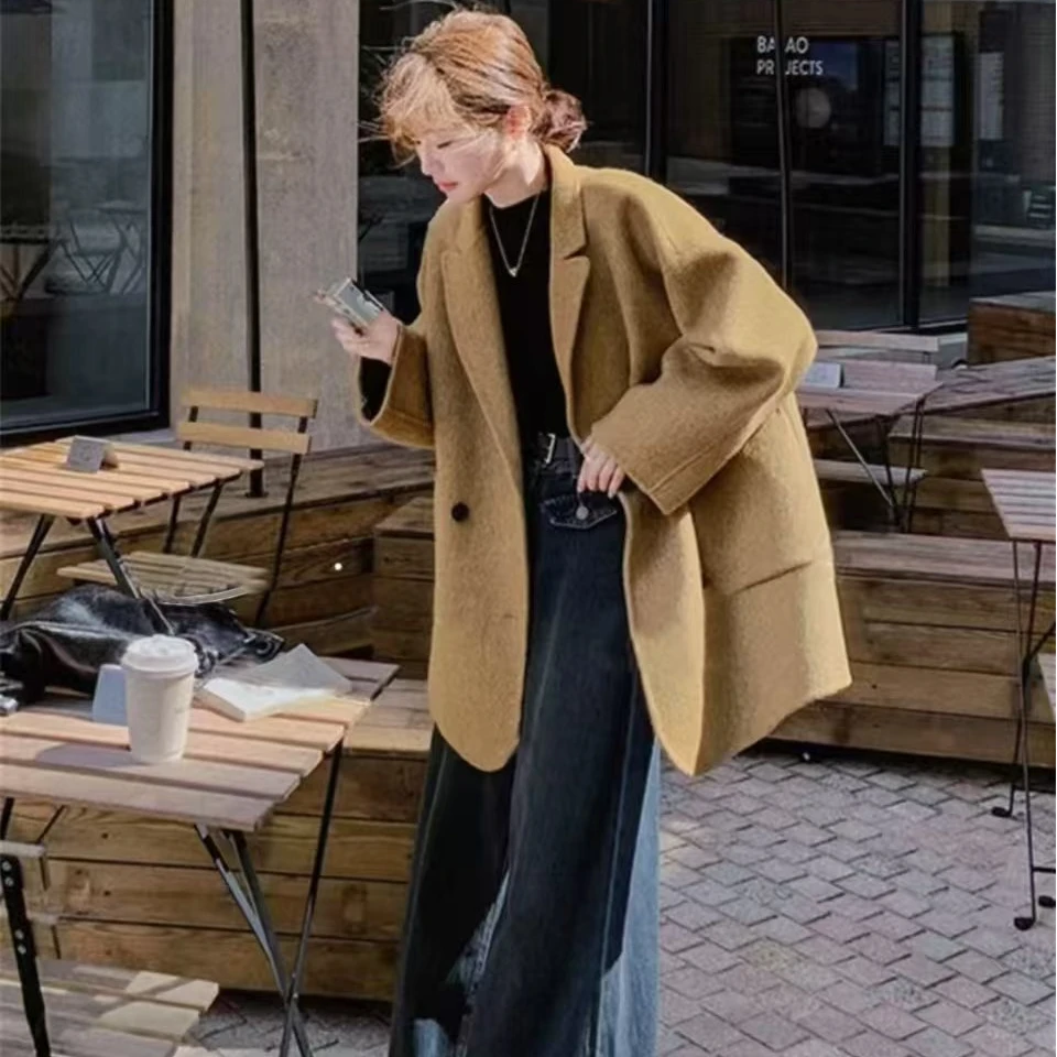 【SSBR】气质短款宽松韩系双面毛呢大衣气质显瘦设计师外套