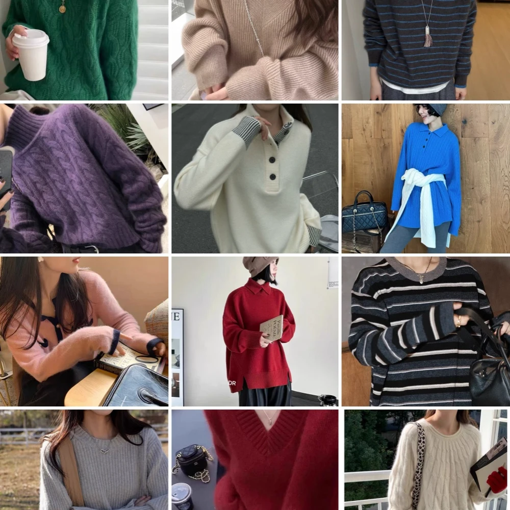 针织羊绒衫女士简约秋冬纯色简约打底长袖衫宽松保暖加厚时尚休闲