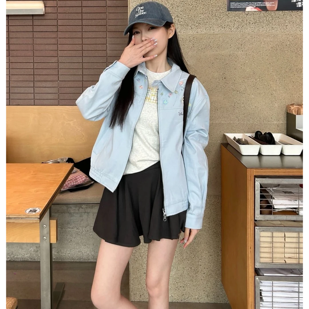 女秋季通勤时尚休闲百搭宽松短款刺绣长袖短外套韩版小个子山系