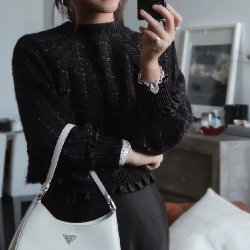 99新 Chanel/香奈儿 16B黑色粗花呢木耳边编织上衣 36码