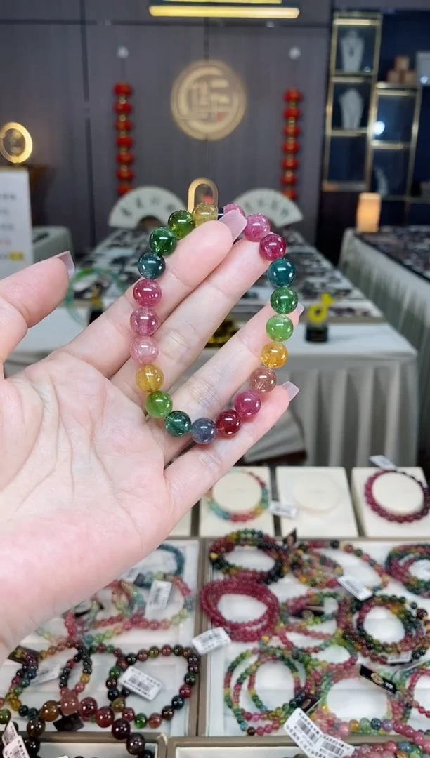 未镶嵌冰透体老矿碧玺色标彩虹单圈手串9mm+碧玺hon多样性发一条