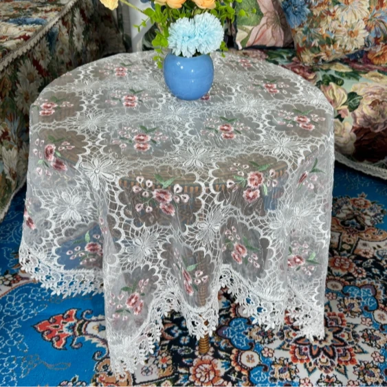 ZN040-28丝光线【105*105】白底粉桃花桌布茶几布多功能盖巾