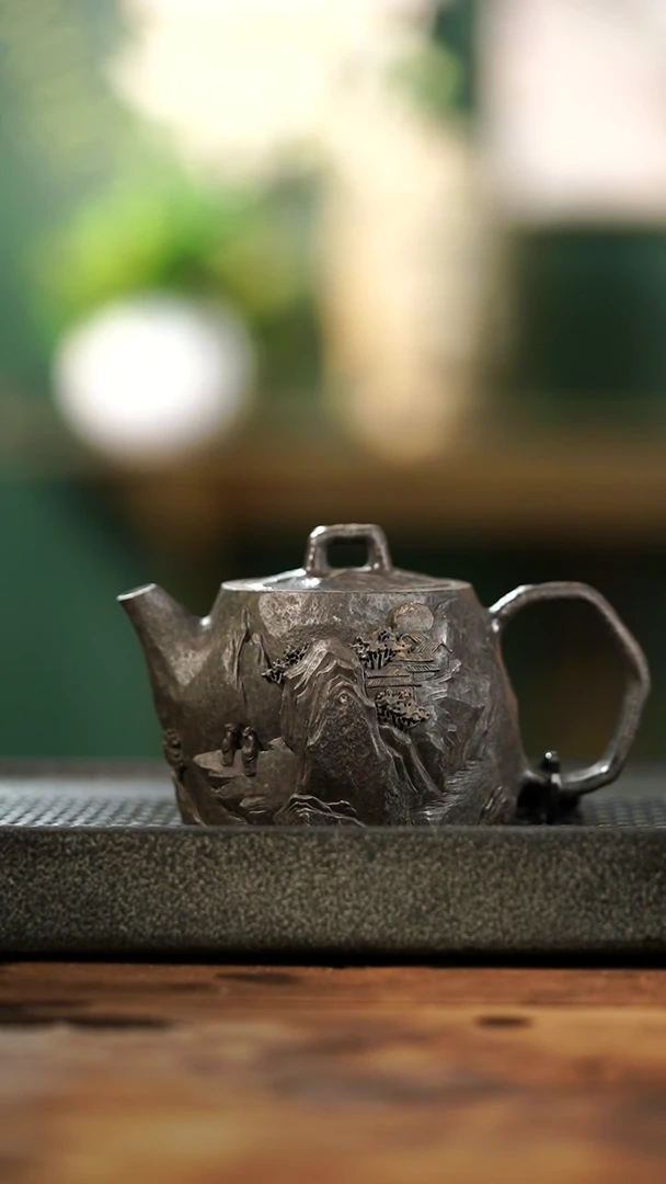 琴**忌柯荣盛老师作品冰碛岩重工雕刻手凿山水壶