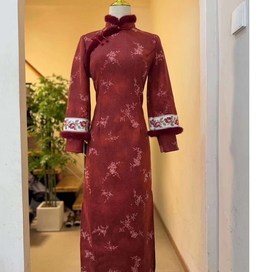 1635 红色  红毛领 宽边刺绣 双袖 【红袖】旗袍
