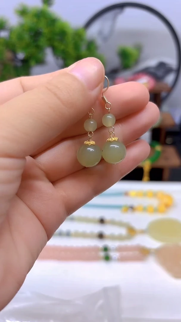 和田玉14K金镶嵌耳饰E774